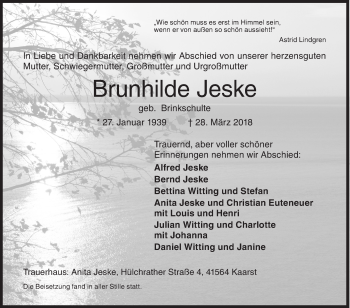 Traueranzeige von Brunhilde Jeske von Siegener Zeitung