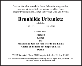 Traueranzeige von Brunhilde Urbanietz von Siegener Zeitung
