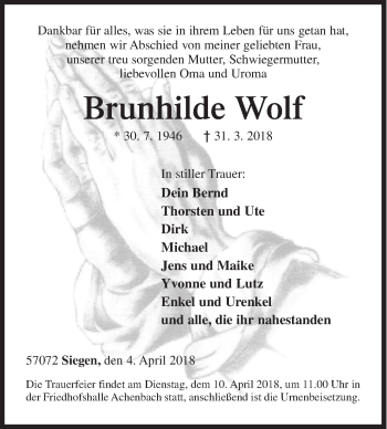 Traueranzeige von Brunhilde Wolf von Siegener Zeitung