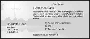 Traueranzeige von Charlotte Haas von Siegener Zeitung