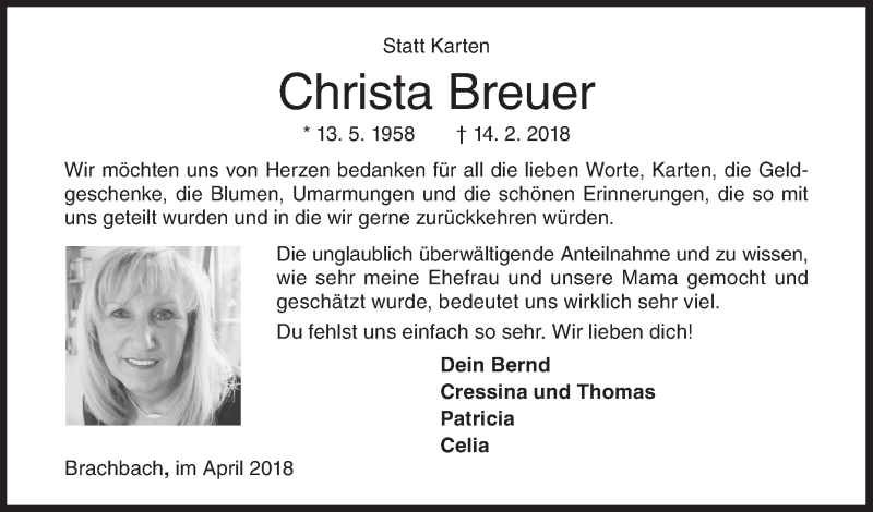  Traueranzeige für Christa Breuer vom 21.04.2018 aus Siegener Zeitung