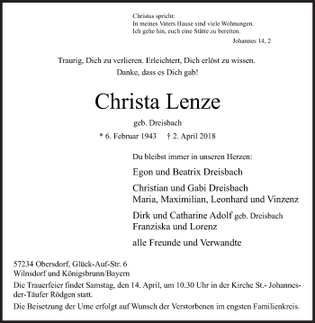 Traueranzeige von Christa Lenze von Siegener Zeitung