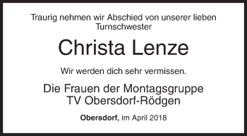 Traueranzeige von Christa Lenze von Siegener Zeitung
