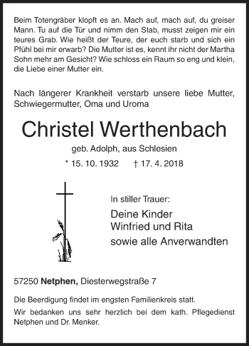 Traueranzeige von Christel Werthenbach von Siegener Zeitung