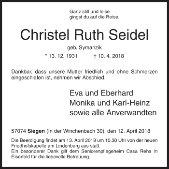 Traueranzeige von Christel Ruth Seidel von Siegener Zeitung
