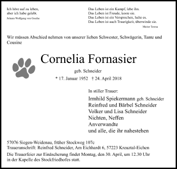 Traueranzeige von Cornelia Fornasier von Siegener Zeitung