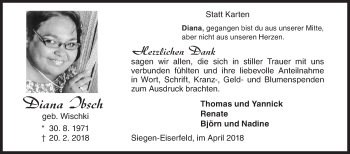 Traueranzeige von Diana Ibsch von Siegener Zeitung