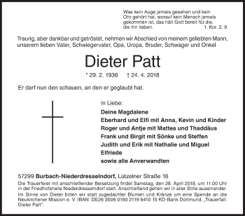 Traueranzeige von Dieter Patt von Siegener Zeitung