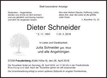 Traueranzeige von Dieter Schneider von Siegener Zeitung