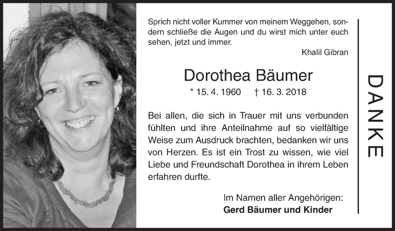  Traueranzeige für Dorothea Bäumer vom 28.04.2018 aus Siegener Zeitung