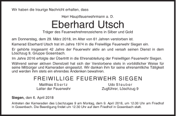 Traueranzeige von Eberhard Utsch von Siegener Zeitung