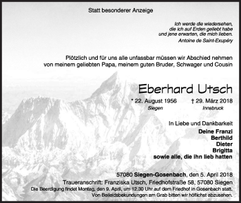 Traueranzeige von Eberhard Utsch von Siegener Zeitung