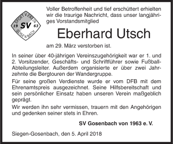Traueranzeige von Eberhard Utsch von Siegener Zeitung