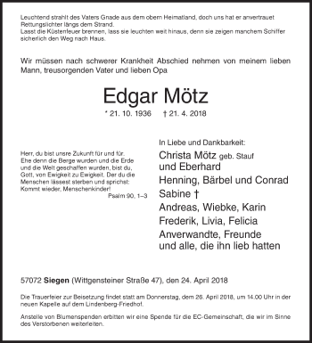 Traueranzeige von Edgar Mötz von Siegener Zeitung