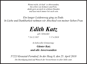 Traueranzeige von Edith Katz von Siegener Zeitung