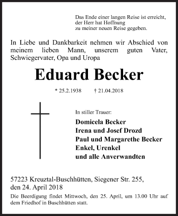 Traueranzeige von Eduard Becker von Siegener Zeitung