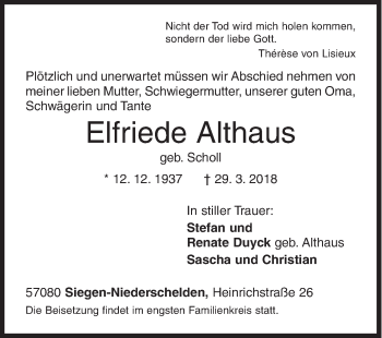 Traueranzeige von Elfriede Althaus von Siegener Zeitung