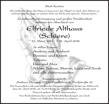 Traueranzeige von Elfriede Althaus von Siegener Zeitung