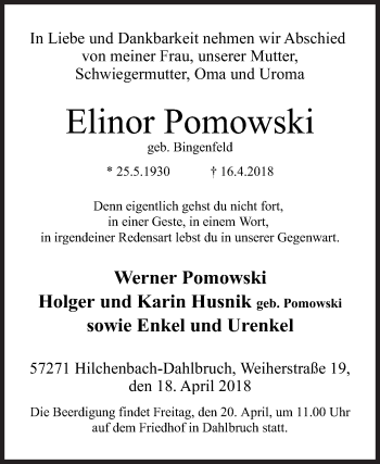 Traueranzeige von Elinor Pomowski von Siegener Zeitung
