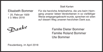 Traueranzeige von Elisabeth Bommer von Siegener Zeitung