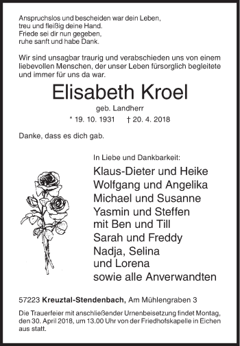 Traueranzeige von Elisabeth Kroel von Siegener Zeitung