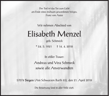 Traueranzeige von Elisabeth Menzel von Siegener Zeitung
