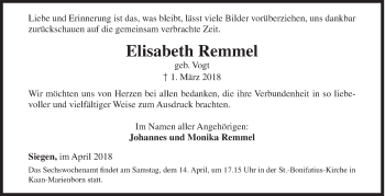 Traueranzeige von Elisabeth Remmel von Siegener Zeitung