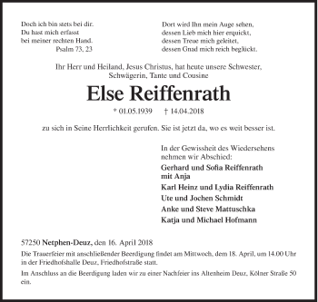 Traueranzeige von Else Reiffenrath von Siegener Zeitung