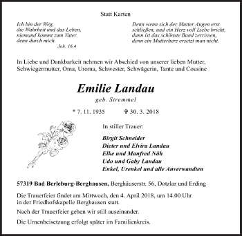 Traueranzeige von Emilie Landau von Siegener Zeitung