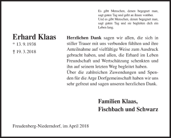 Traueranzeige von Erhard Klaas von Siegener Zeitung