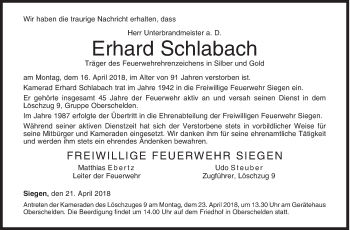 Traueranzeige von Erhard Schlabach von Siegener Zeitung