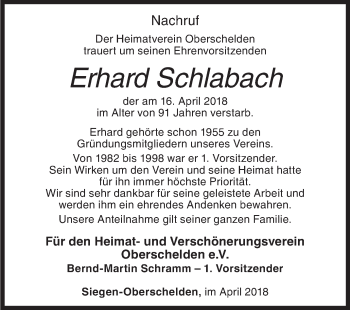 Traueranzeige von Erhard Schlabach von Siegener Zeitung