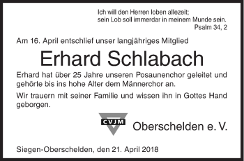 Traueranzeige von Erhard Schlabach von Siegener Zeitung