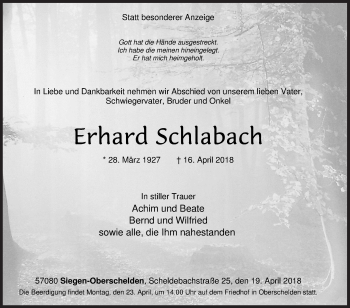Traueranzeige von Erhard Schlabach von Siegener Zeitung