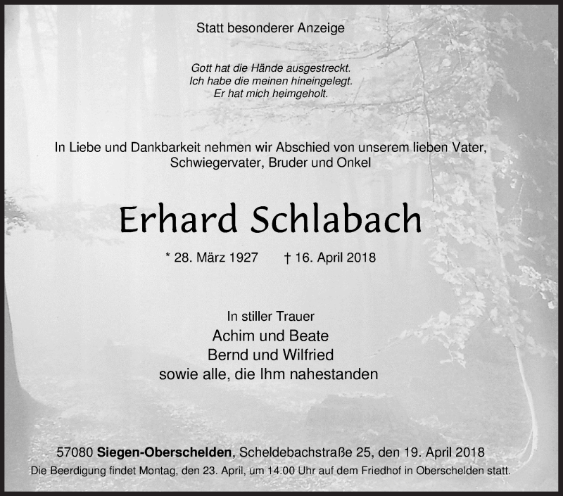  Traueranzeige für Erhard Schlabach vom 19.04.2018 aus Siegener Zeitung