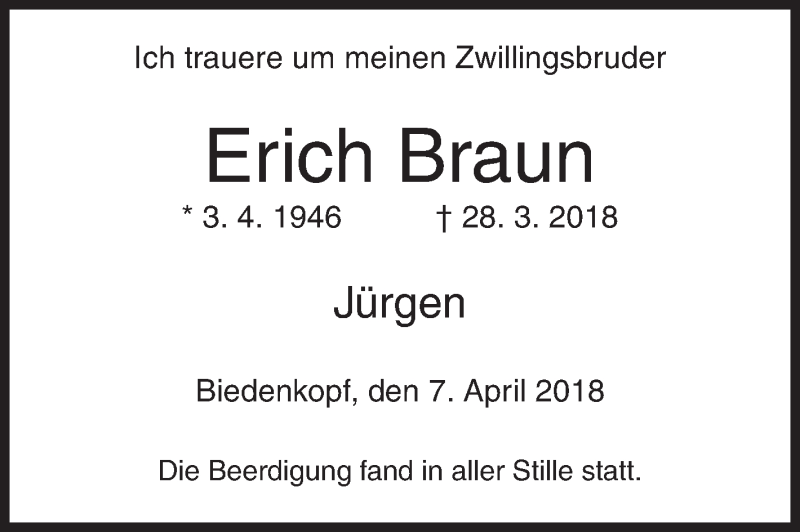  Traueranzeige für Erich Braun vom 07.04.2018 aus Siegener Zeitung
