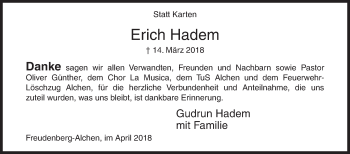 Traueranzeige von Erich Hadem von Siegener Zeitung