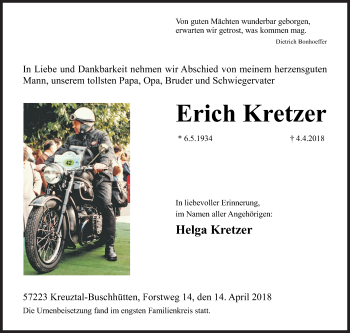 Traueranzeige von Erich Kretzer von Siegener Zeitung
