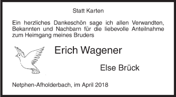 Traueranzeige von Erich Wagener von Siegener Zeitung