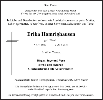 Traueranzeige von Erika Homrighausen von Siegener Zeitung