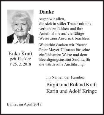 Traueranzeige von Erika Kraft von Siegener Zeitung