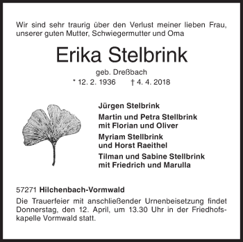 Traueranzeige von Erika Stelbrink von Siegener Zeitung