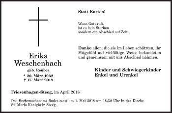 Traueranzeige von Erika Weschenbach von Siegener Zeitung