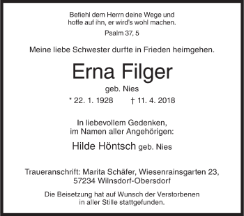 Traueranzeige von Erna Filger von Siegener Zeitung