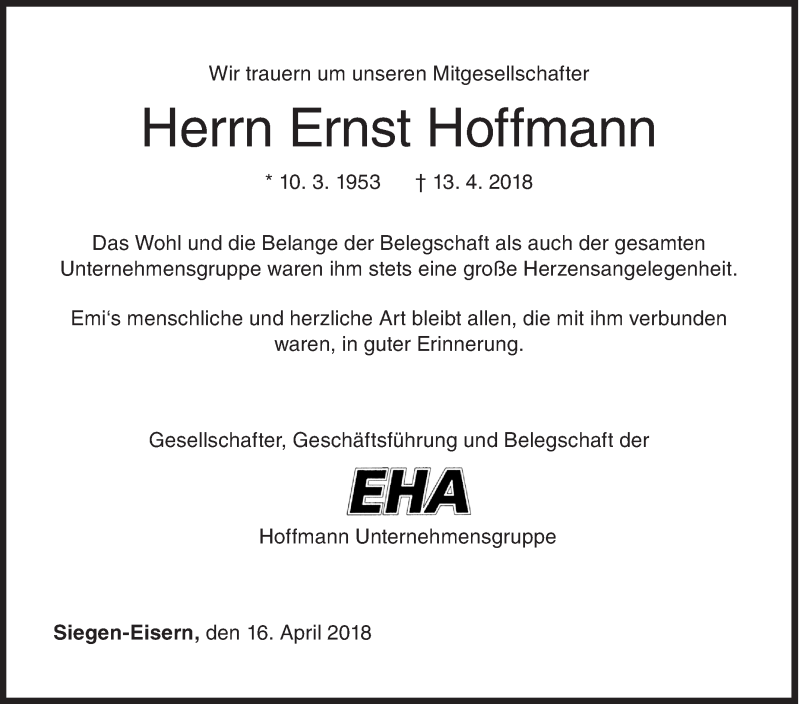  Traueranzeige für Ernst Hoffmann vom 16.04.2018 aus Siegener Zeitung