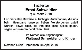 Traueranzeige von Ernst Schweidler von Siegener Zeitung
