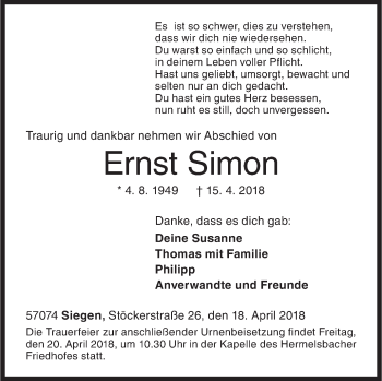 Traueranzeige von Ernst Simon von Siegener Zeitung