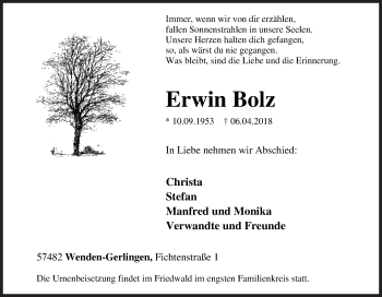 Traueranzeige von Erwin Bolz von Siegener Zeitung