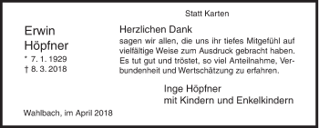 Traueranzeige von Erwin Höpfner von Siegener Zeitung