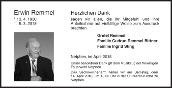 Traueranzeige von Erwin Remmel von Siegener Zeitung